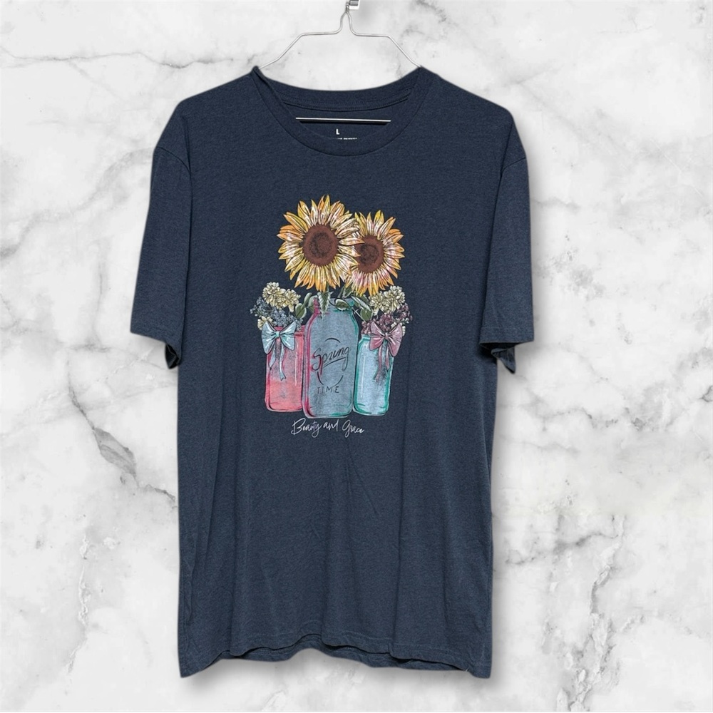 Blue t-shirt with Mason jars sunflower Floral beauty and grace Graphics sz large